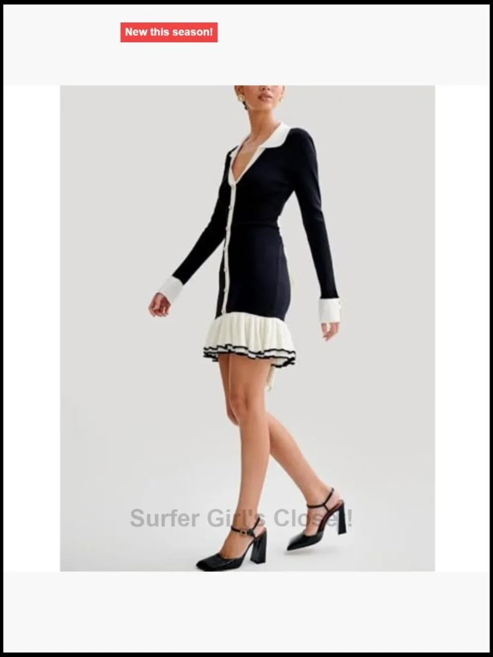 Long Sleeve Ruffle Hem Knit Sweater Dress Collared Back Tie Mini Bodycon Dress